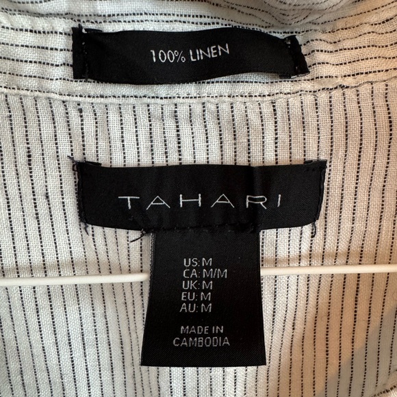 LINEN 100% TAHARI Striped Women's Tunic Shirt Top Size M Short Sleeve Loose Fit - Picture 2 of 11